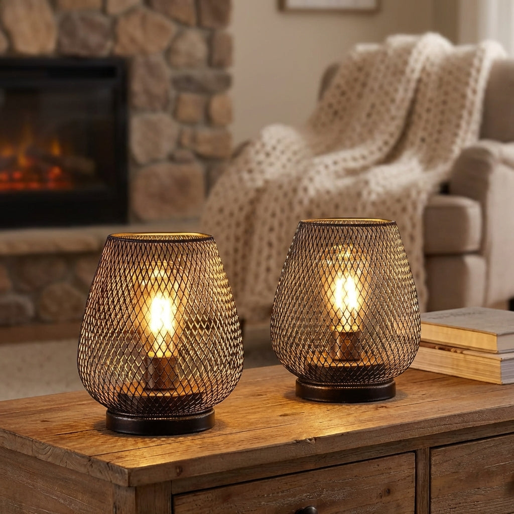 Cordless Mesh Shade Battery Powered Ambient Table Lamp Set