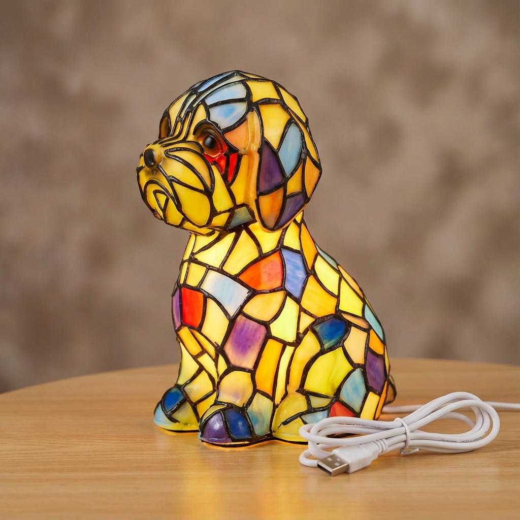Modern Sculpted Resin Figurine Ambient Bedside Stained Glass Table Lamp