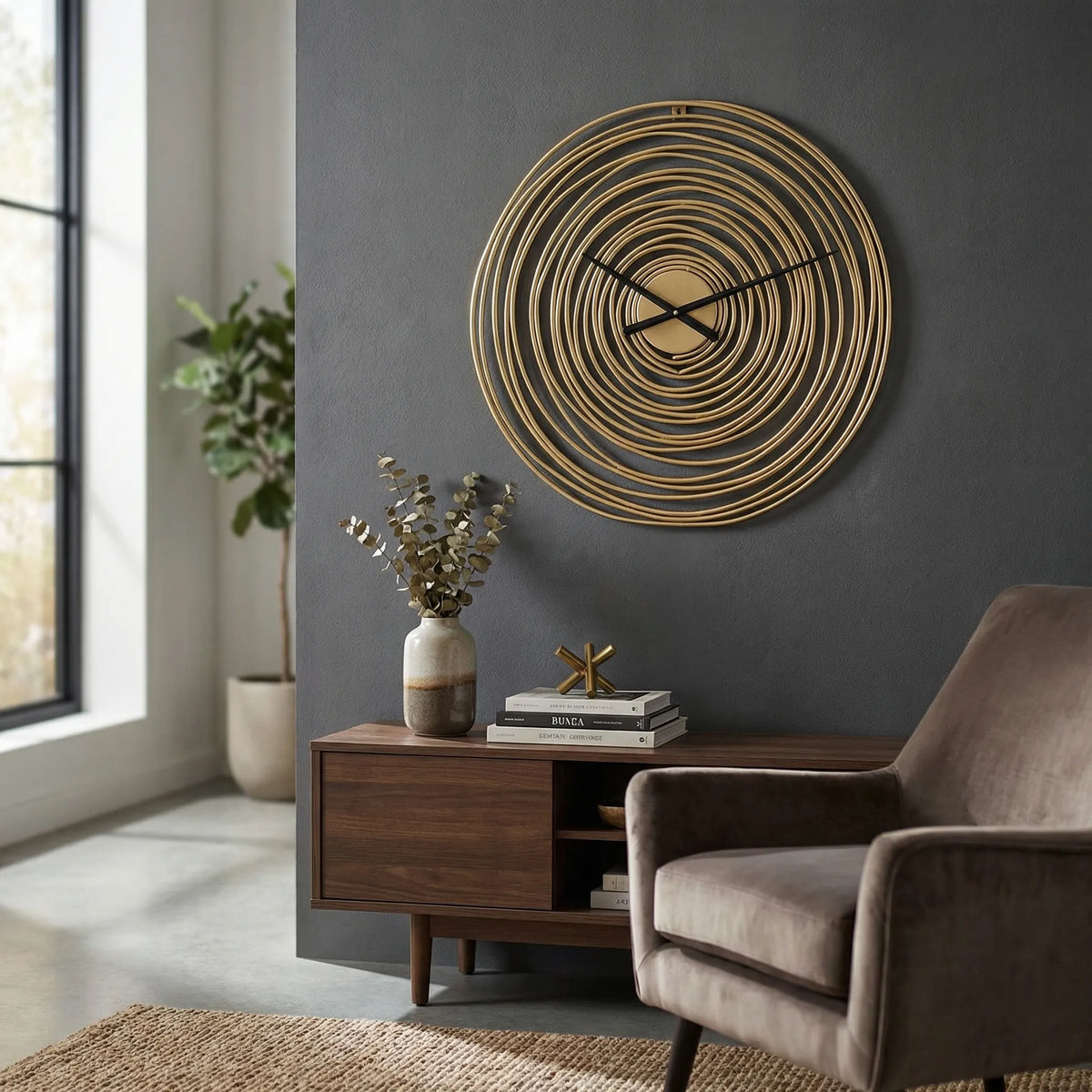 Sculptural Concentric Spiral Open Frame Metallic Round Wall Clock