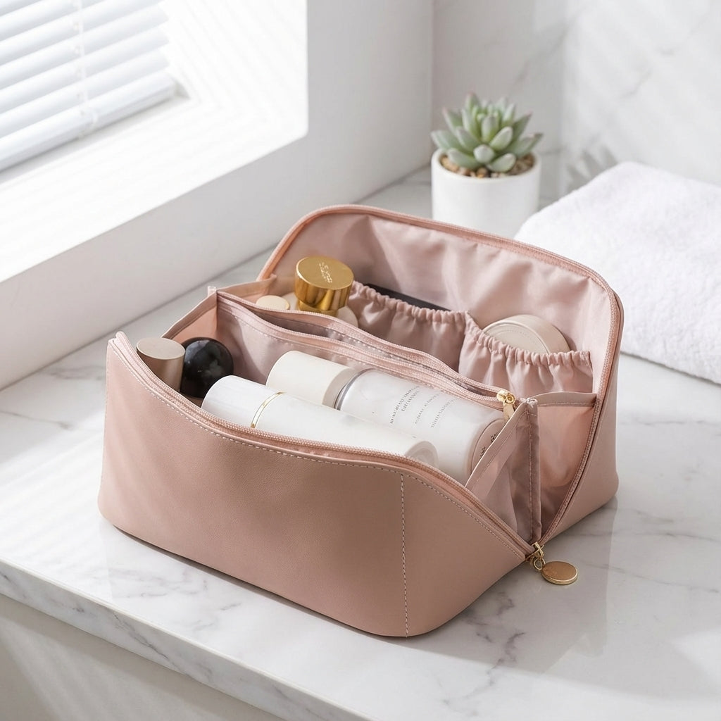Compartmented Faux Leather Wide Opening Travel Makeup Organizer