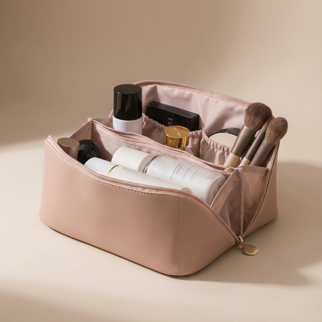 Compartmented Faux Leather Wide Opening Travel Makeup Organizer