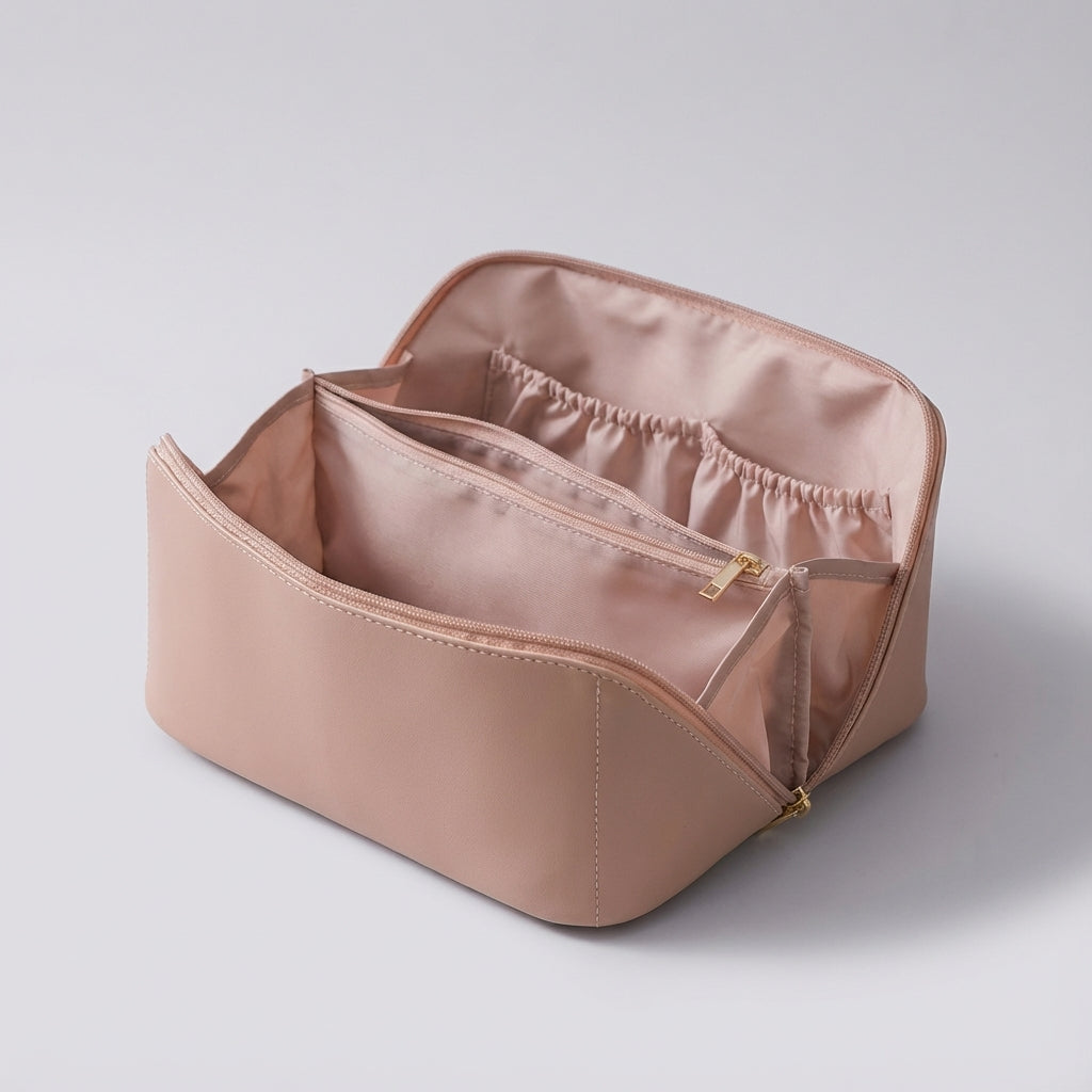 Compartmented Faux Leather Wide Opening Travel Makeup Organizer