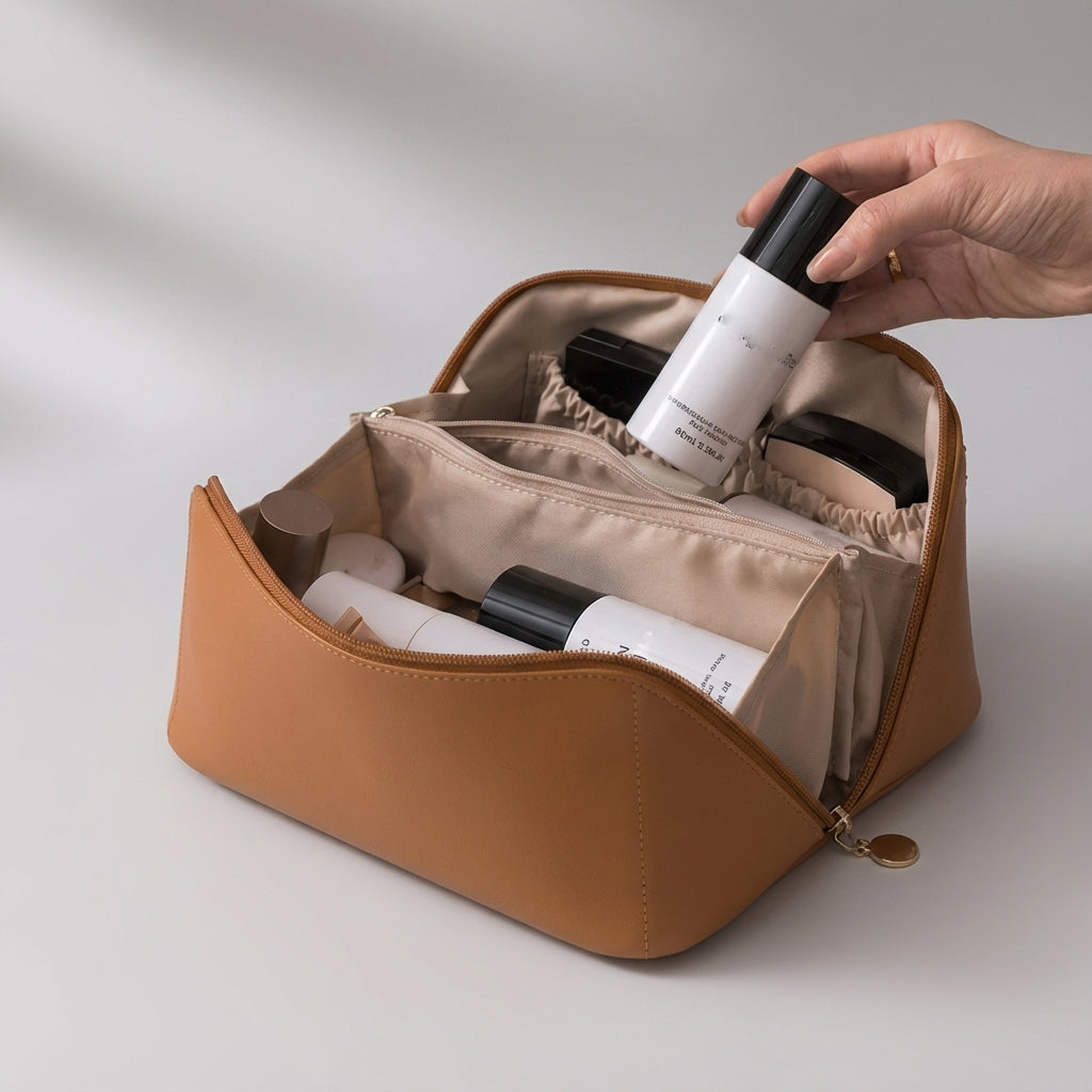 Compartmented Faux Leather Wide Opening Travel Makeup Organizer