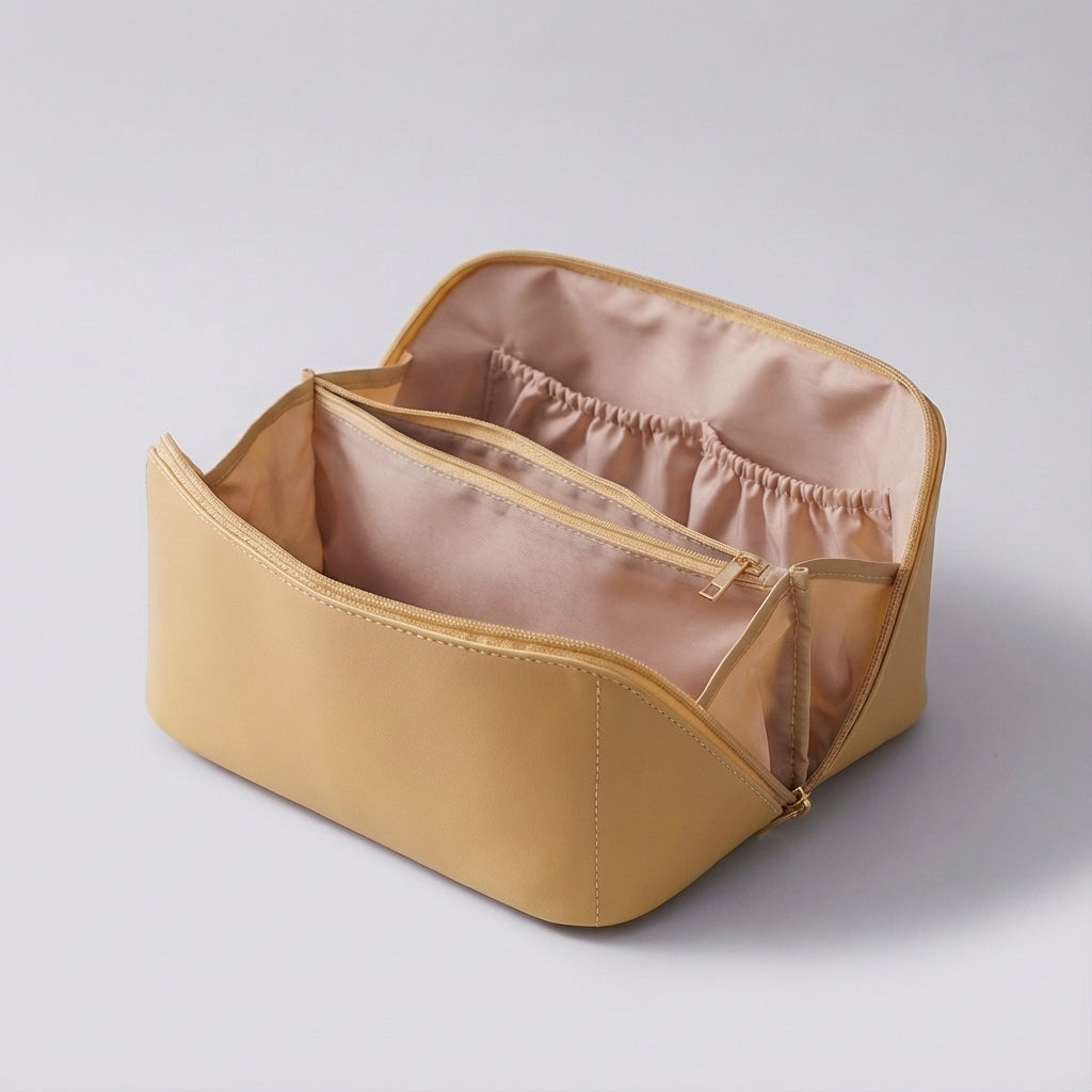 Compartmented Faux Leather Wide Opening Travel Makeup Organizer