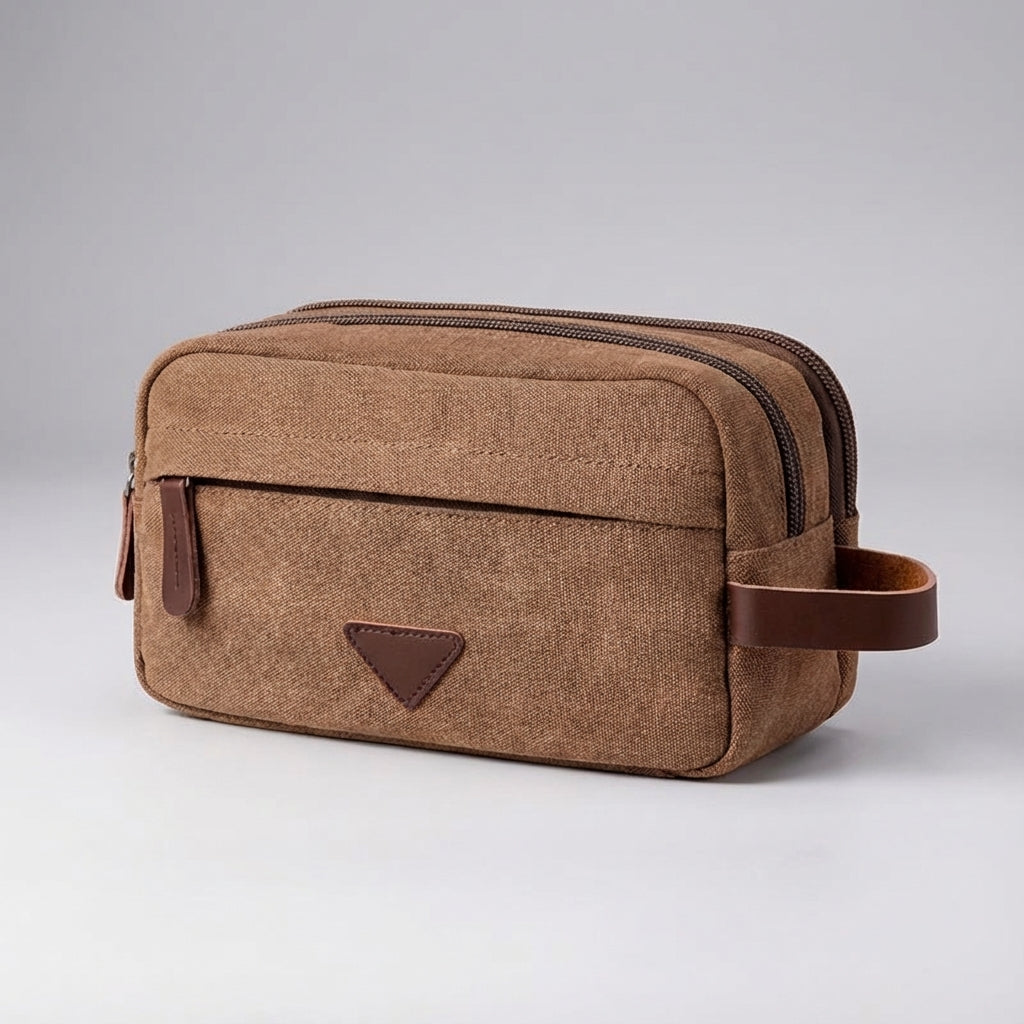 Dual Compartment Waterproof Canvas Toiletry Bag With Faux Leather Handle