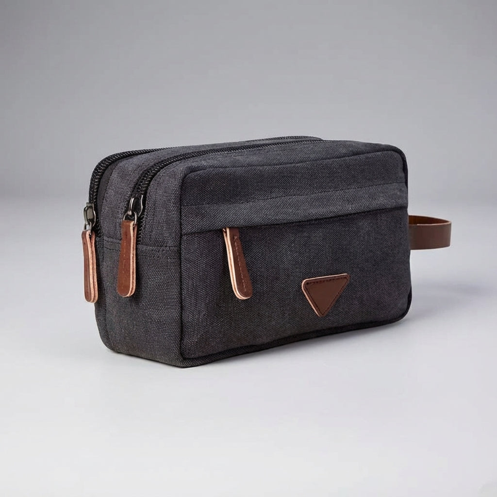 Dual Compartment Waterproof Canvas Toiletry Bag With Faux Leather Handle
