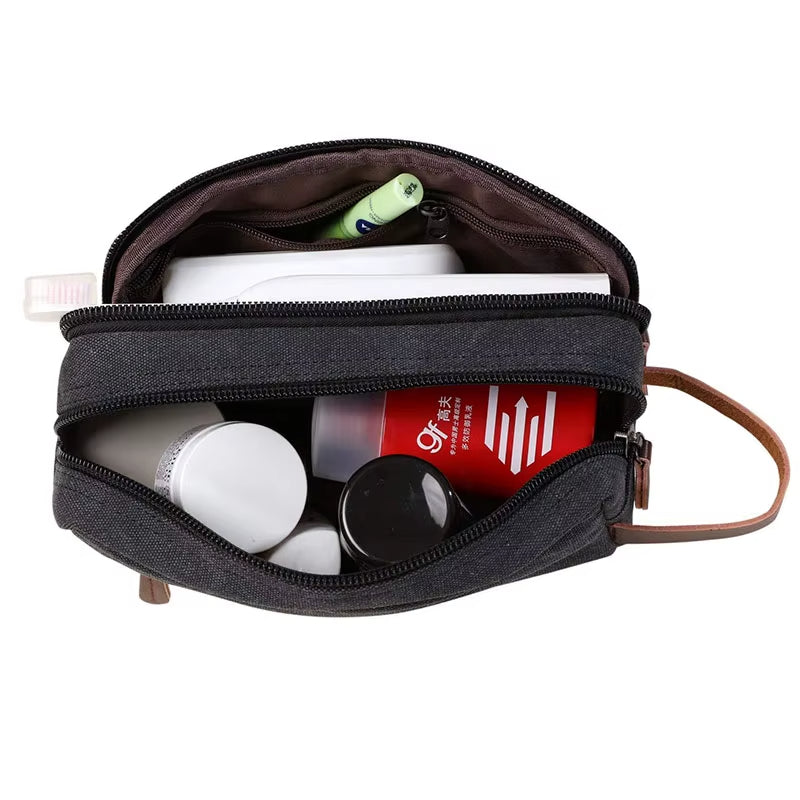 Dual Compartment Waterproof Canvas Toiletry Bag With Faux Leather Handle