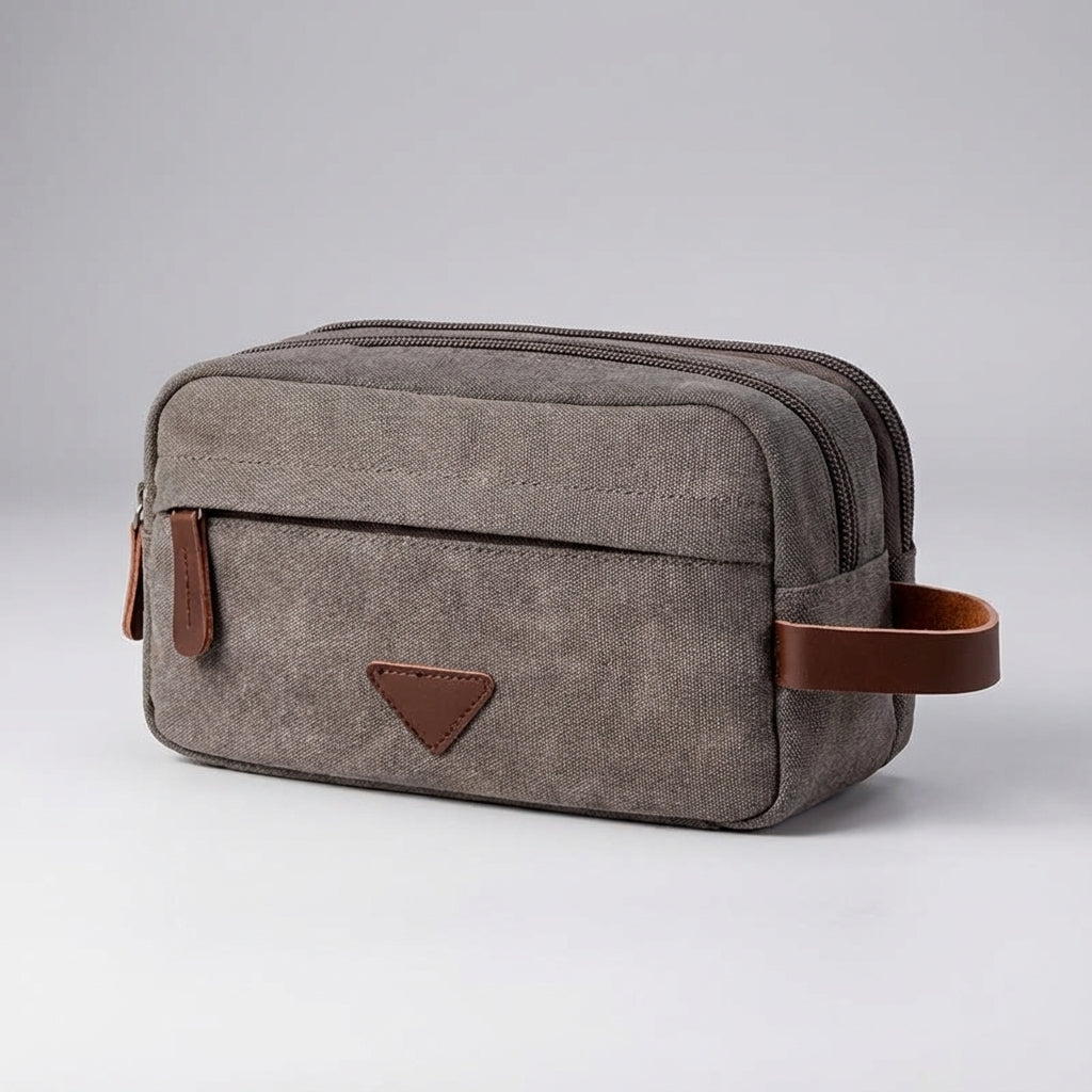 Dual Compartment Waterproof Canvas Toiletry Bag With Faux Leather Handle