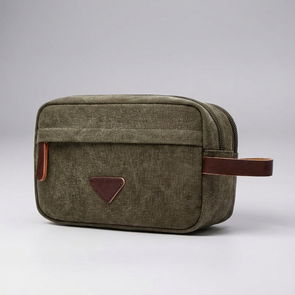 Dual Compartment Waterproof Canvas Toiletry Bag With Faux Leather Handle