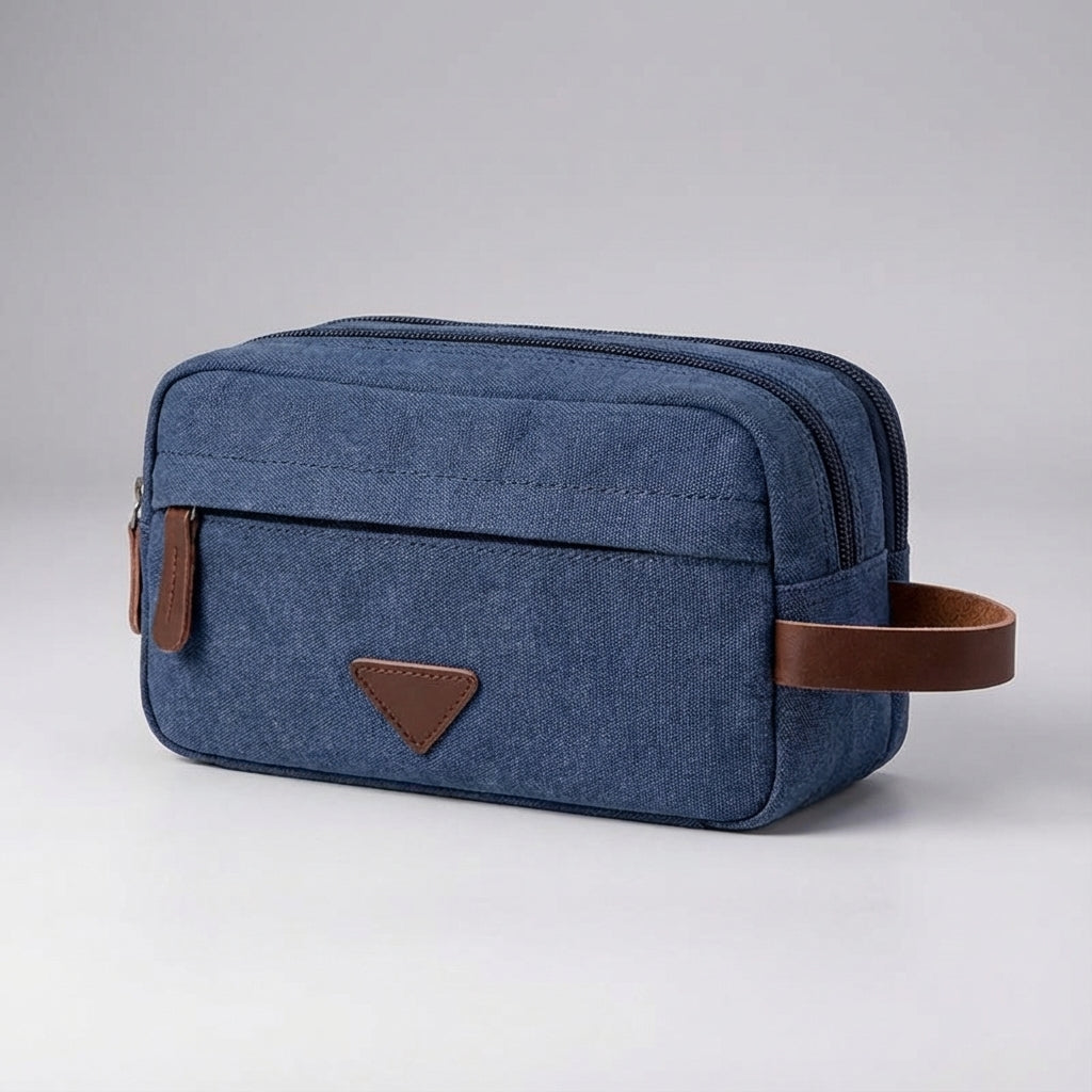Dual Compartment Waterproof Canvas Toiletry Bag With Faux Leather Handle