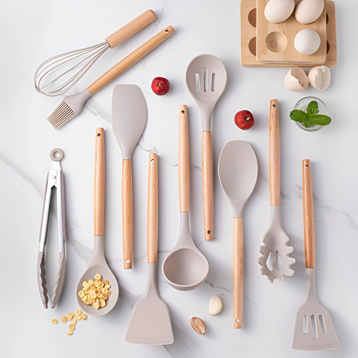 Heat Resistant Bamboo Handle Silicone Kitchen Utensil Set