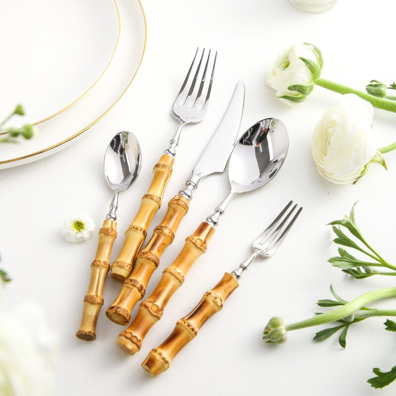 Sustainable Natural Bamboo Handle Stainless Steel Cutlery Set