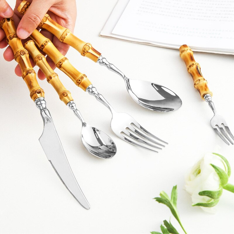 Sustainable Natural Bamboo Handle Stainless Steel Cutlery Set