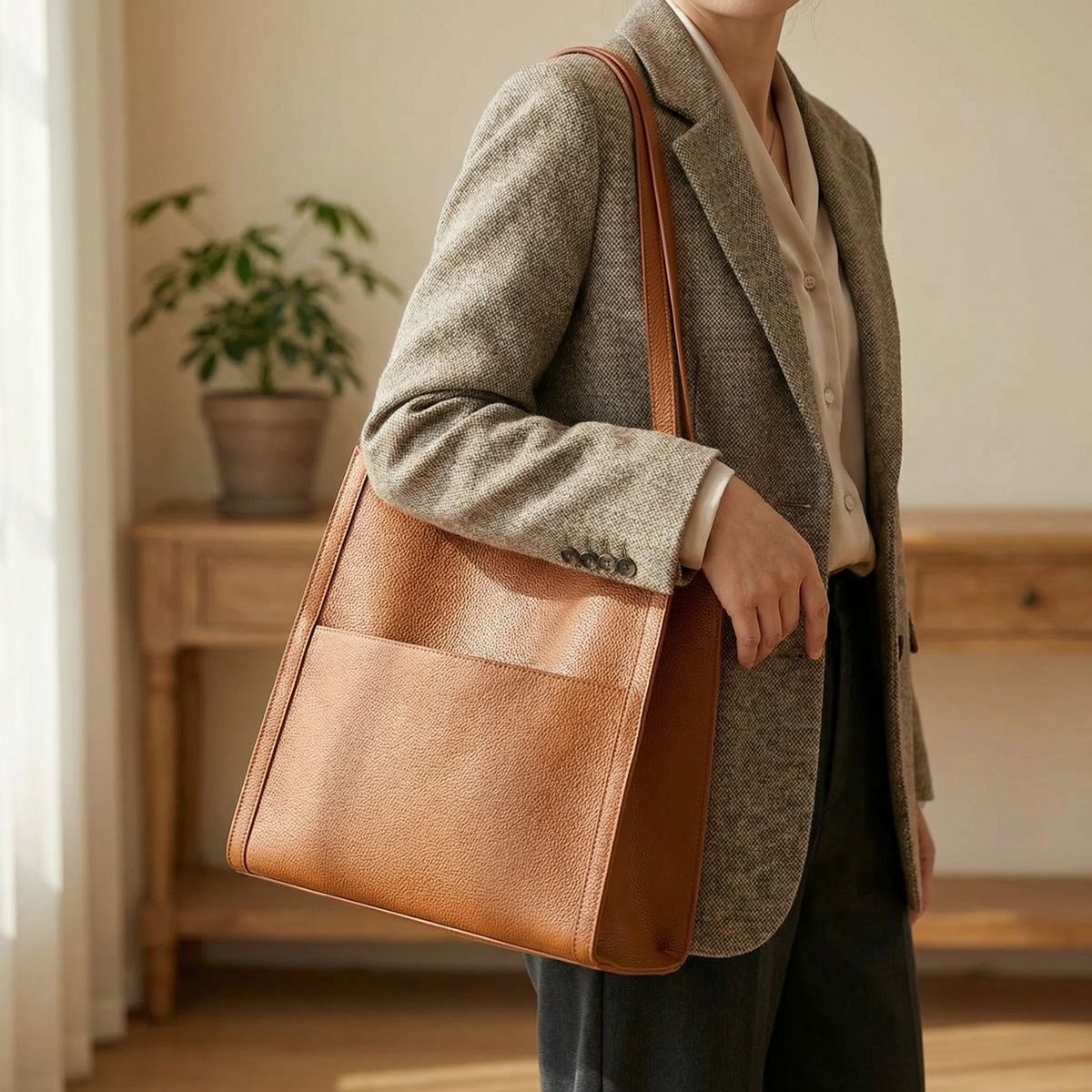 Structured Base Pebbled Leather Spacious Tote Shoulder Bag