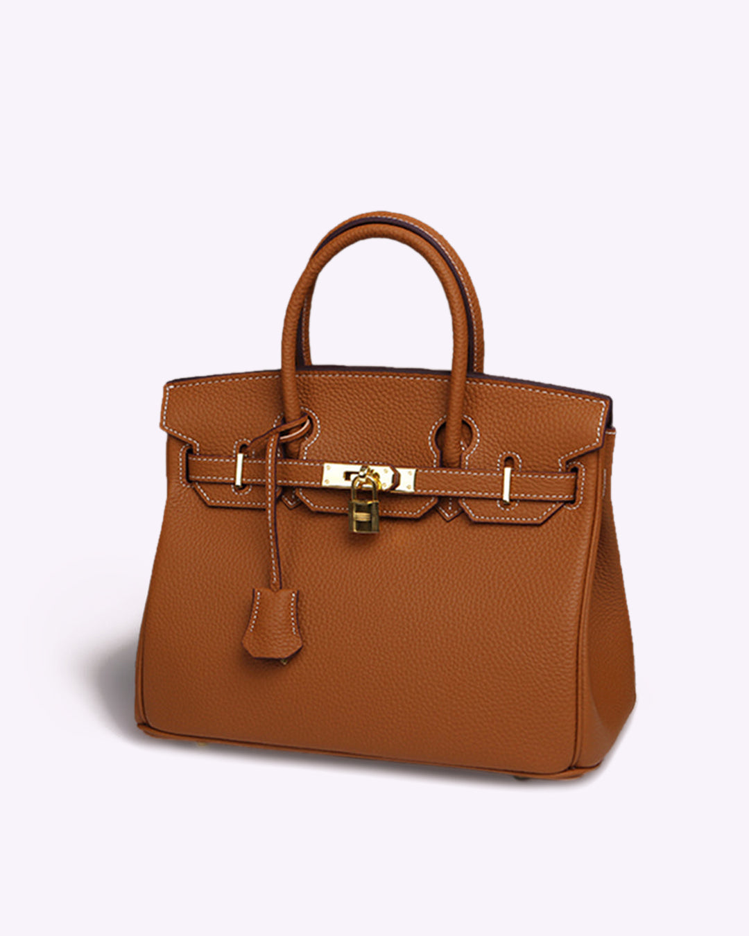 Genuine Leather Gold Lock Hardware Shoulder Handbag With Top Handles