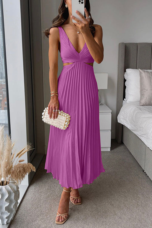 Elegant V-Neck Pleated Skirt Dress for Women 4