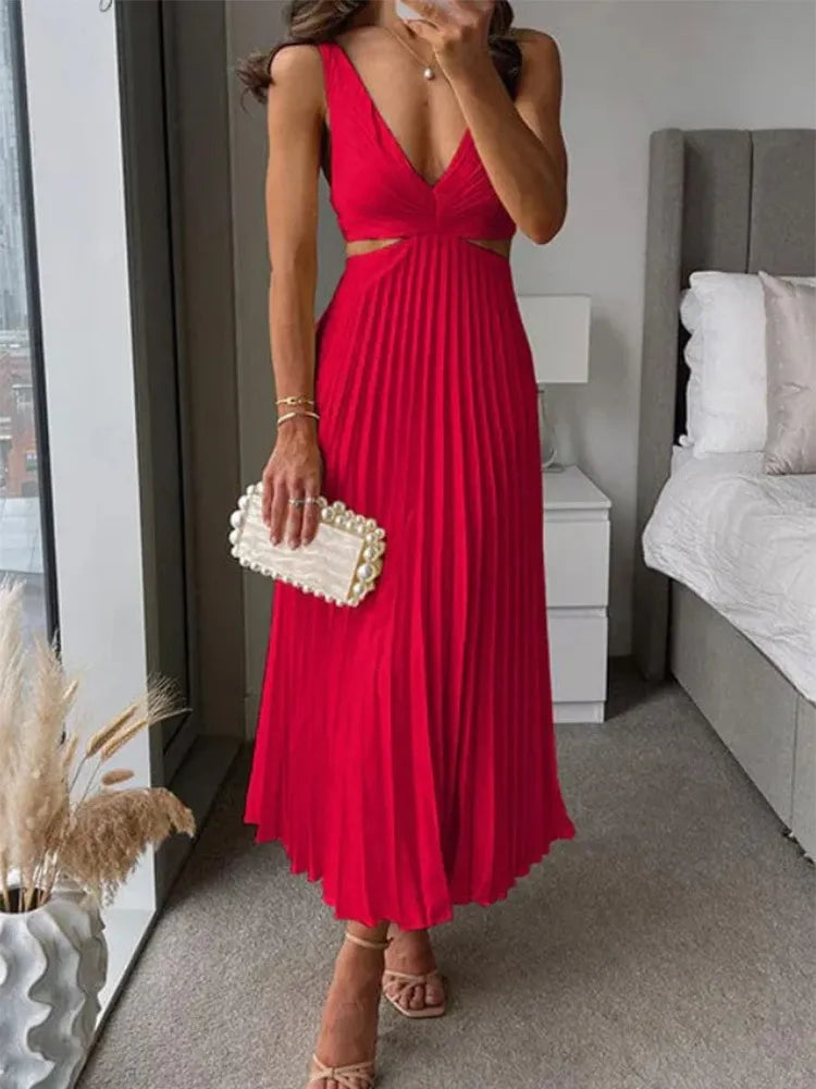 Elegant V-Neck Pleated Skirt Dress for Women 9