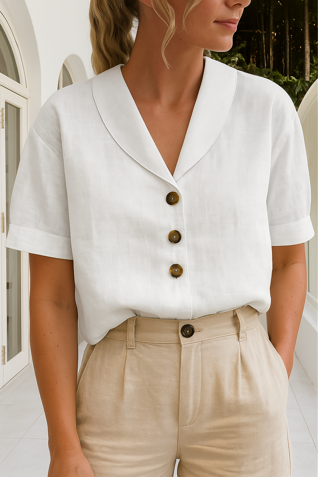 Envelope Neckline Blouse with Button Detail – Short and Long Sleeve 0