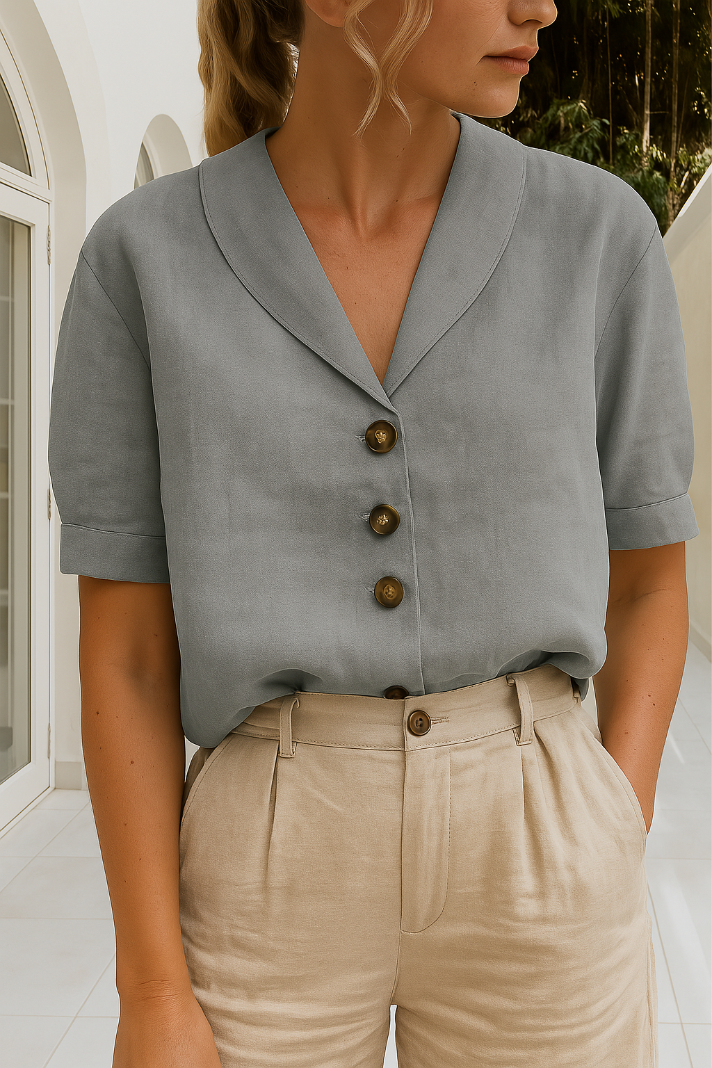 Envelope Neckline Blouse with Button Detail – Short and Long Sleeve 1