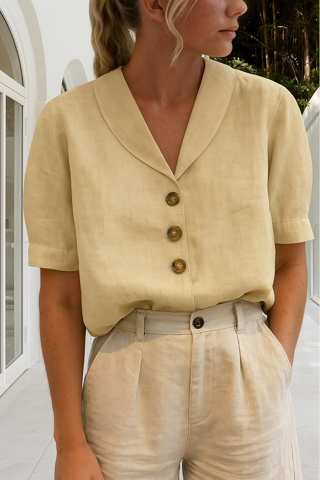 Envelope Neckline Blouse with Button Detail – Short and Long Sleeve 3