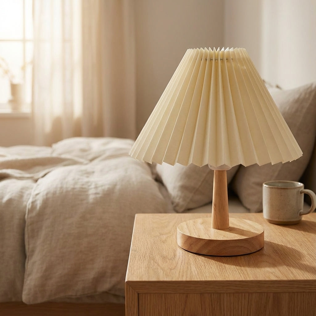 Foldable Pleated Shade Rechargeable Sculptural Wooden Base Table Lamp