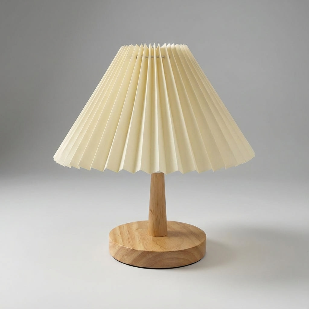 Foldable Pleated Shade Rechargeable Sculptural Wooden Base Table Lamp