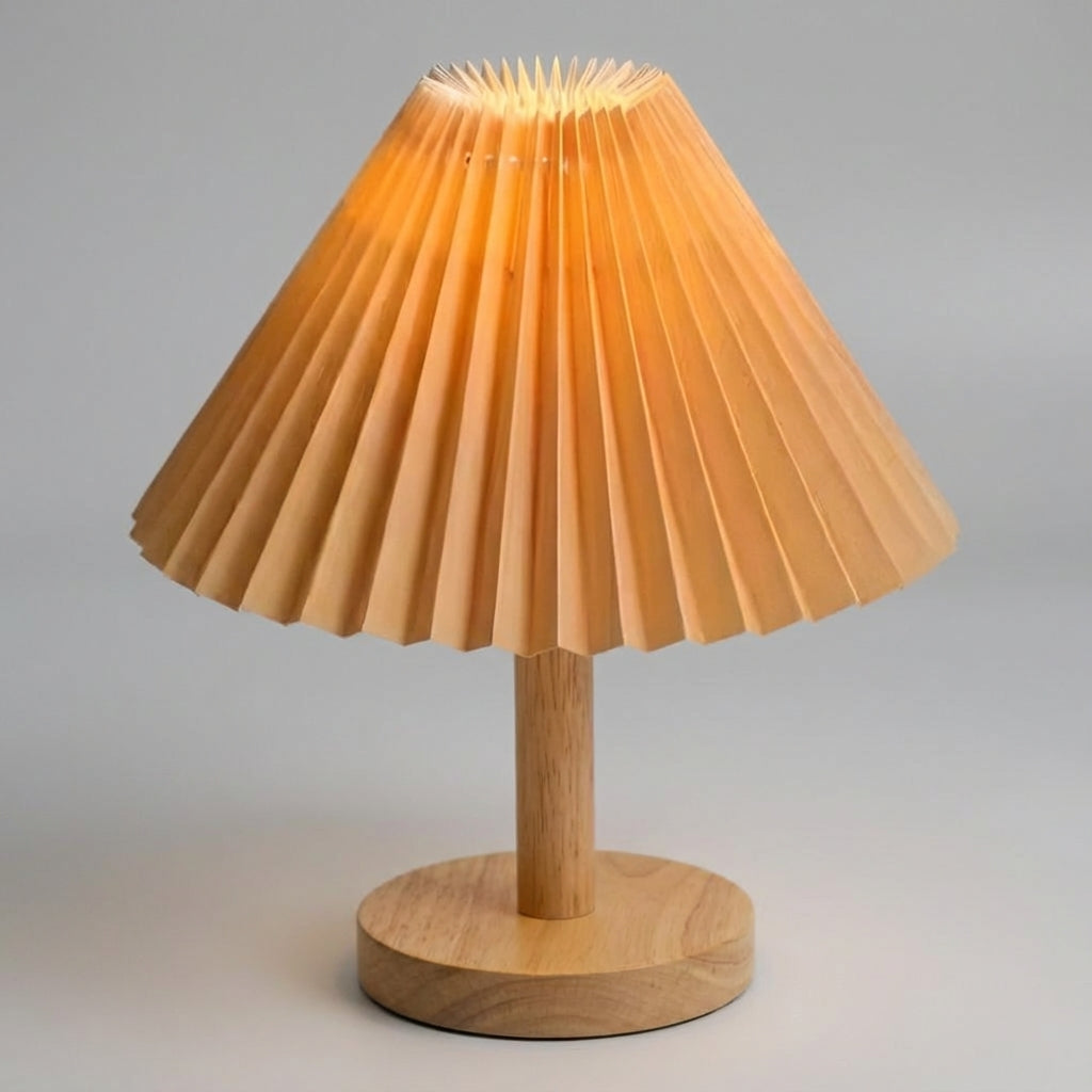 Foldable Pleated Shade Rechargeable Sculptural Wooden Base Table Lamp