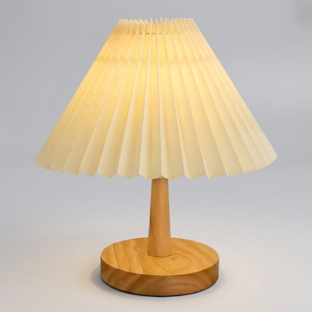 Foldable Pleated Shade Rechargeable Sculptural Wooden Base Table Lamp