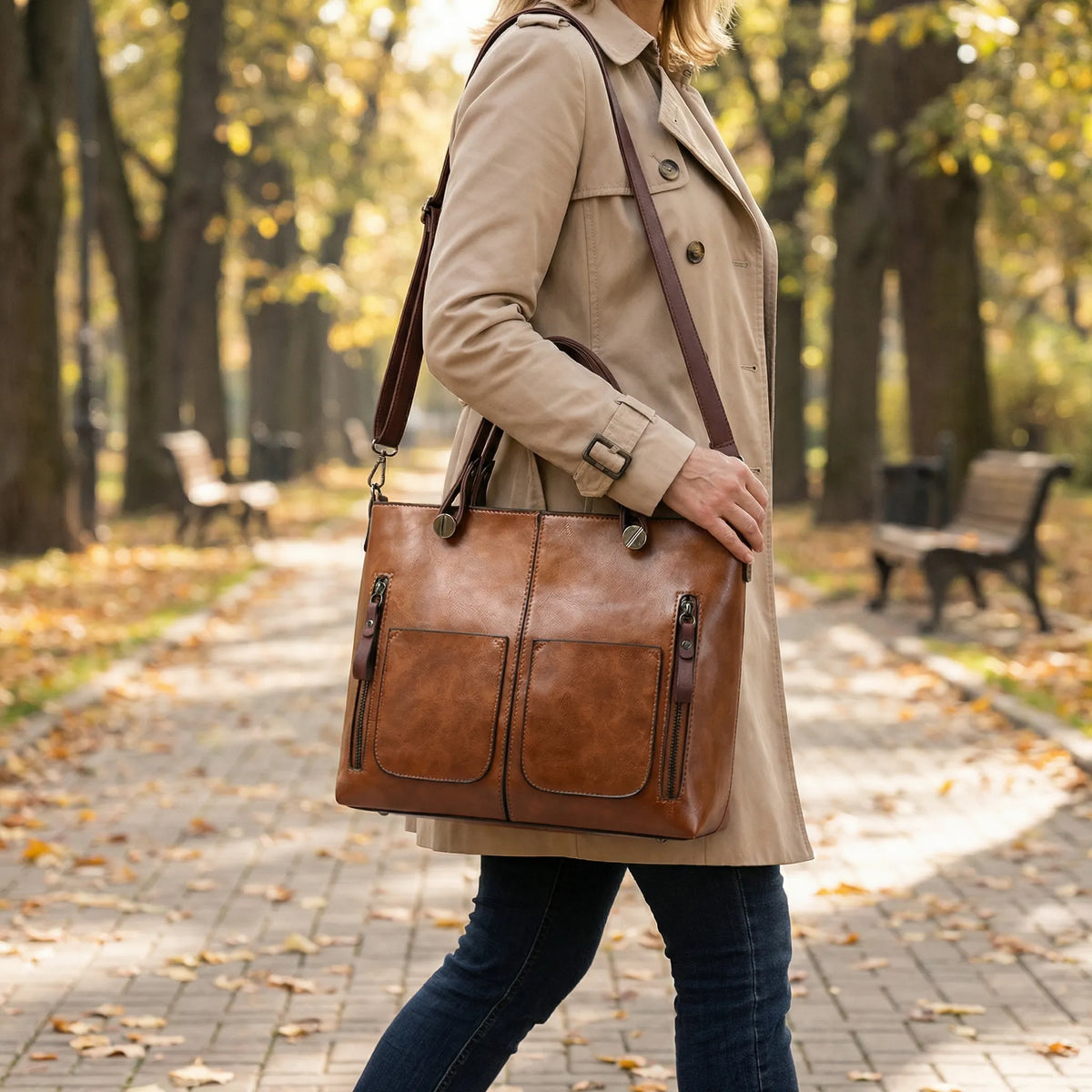 Classic Textured Rectangular Multi Pocket Shoulder Bag With Handles