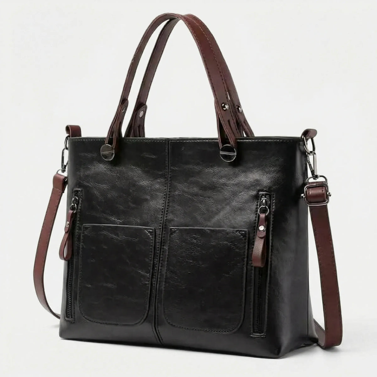 Classic Textured Rectangular Multi Pocket Shoulder Bag With Handles