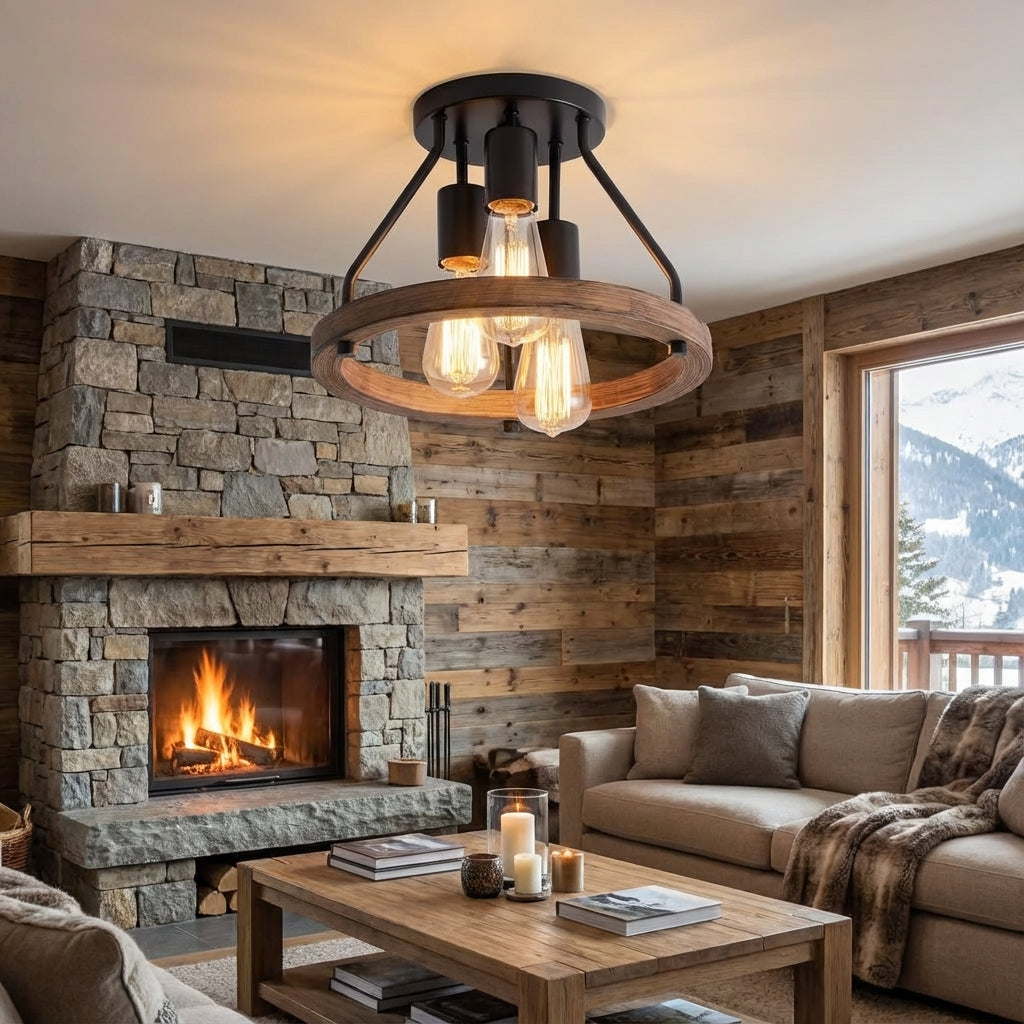 Rustic Wood And Metal Semi-Flush Ceiling Light
