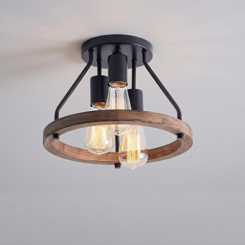 Rustic Wood And Metal Semi-Flush Ceiling Light