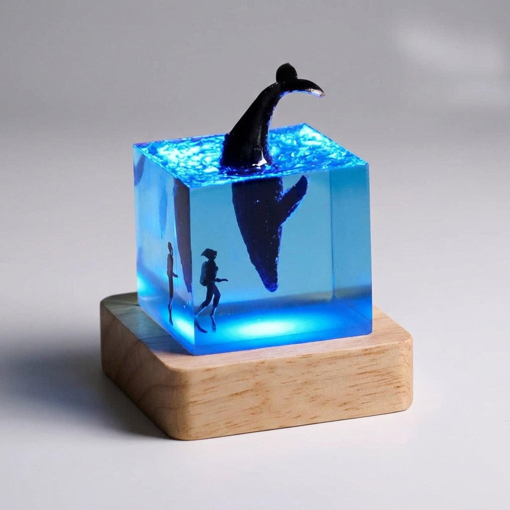 Landscape Resin Art Cube Wooden Base Table Lamp