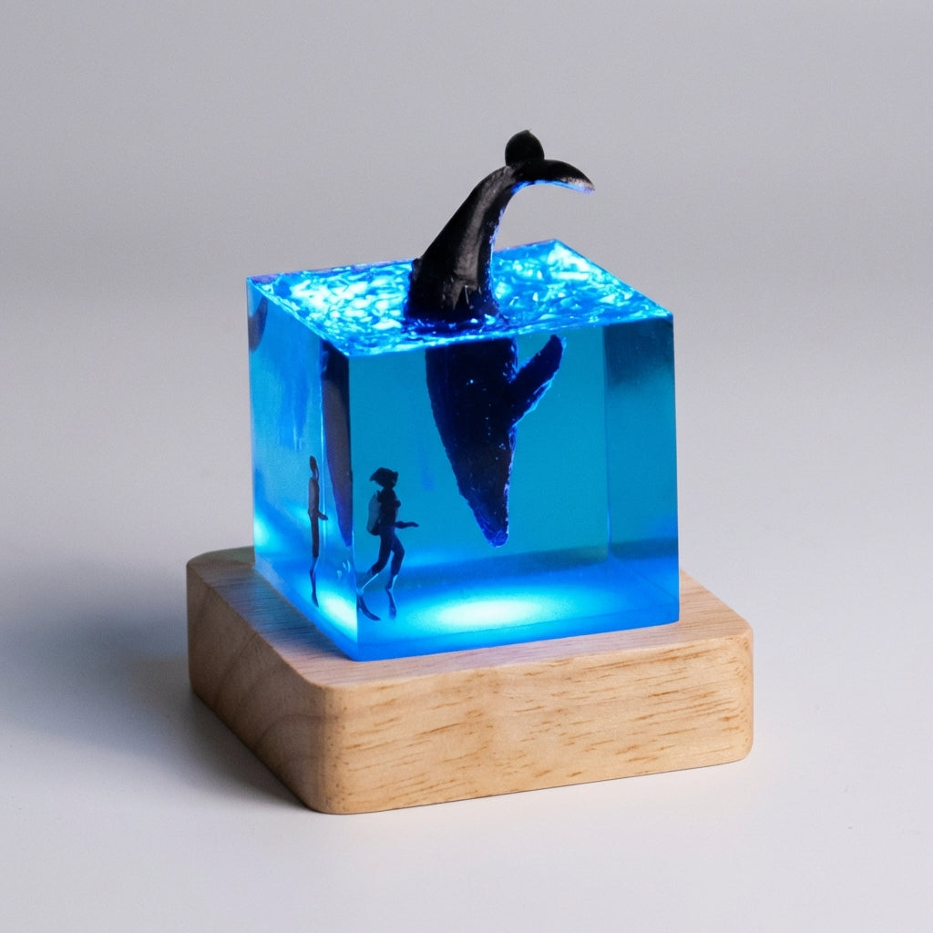 Landscape Resin Art Cube Wooden Base Table Lamp