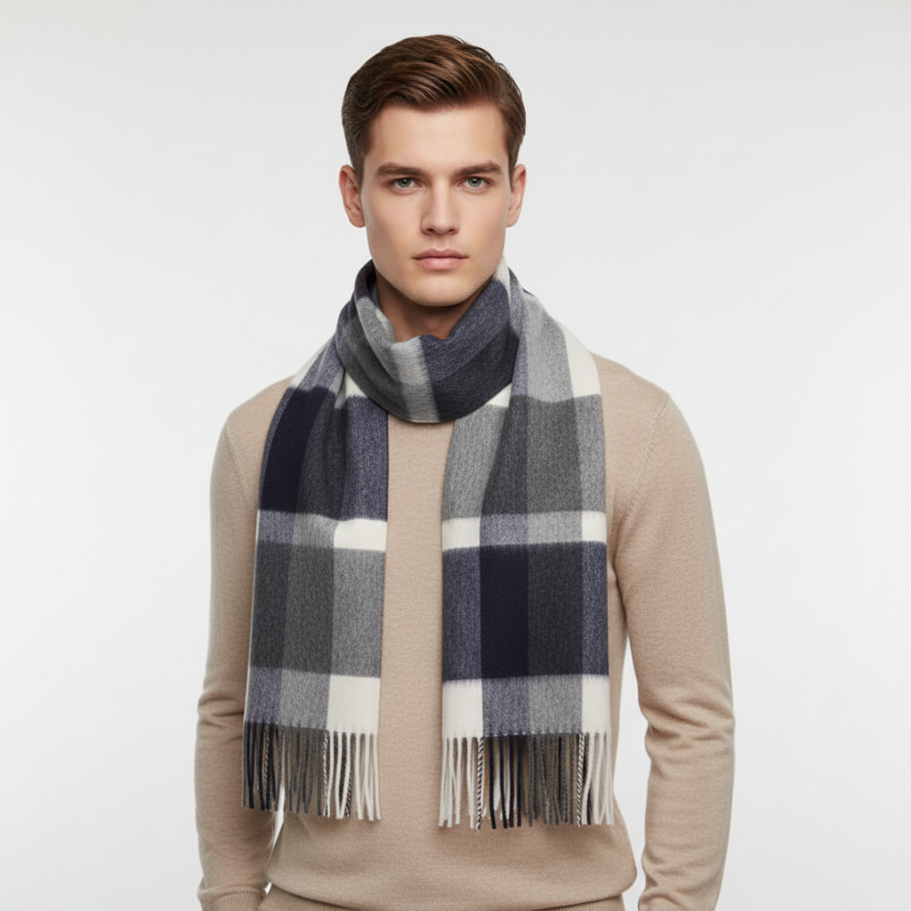 Soft Dense Check Pattern Fringed Long Scarf