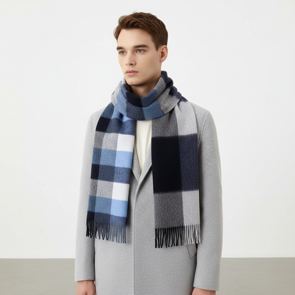Soft Dense Check Pattern Fringed Long Scarf