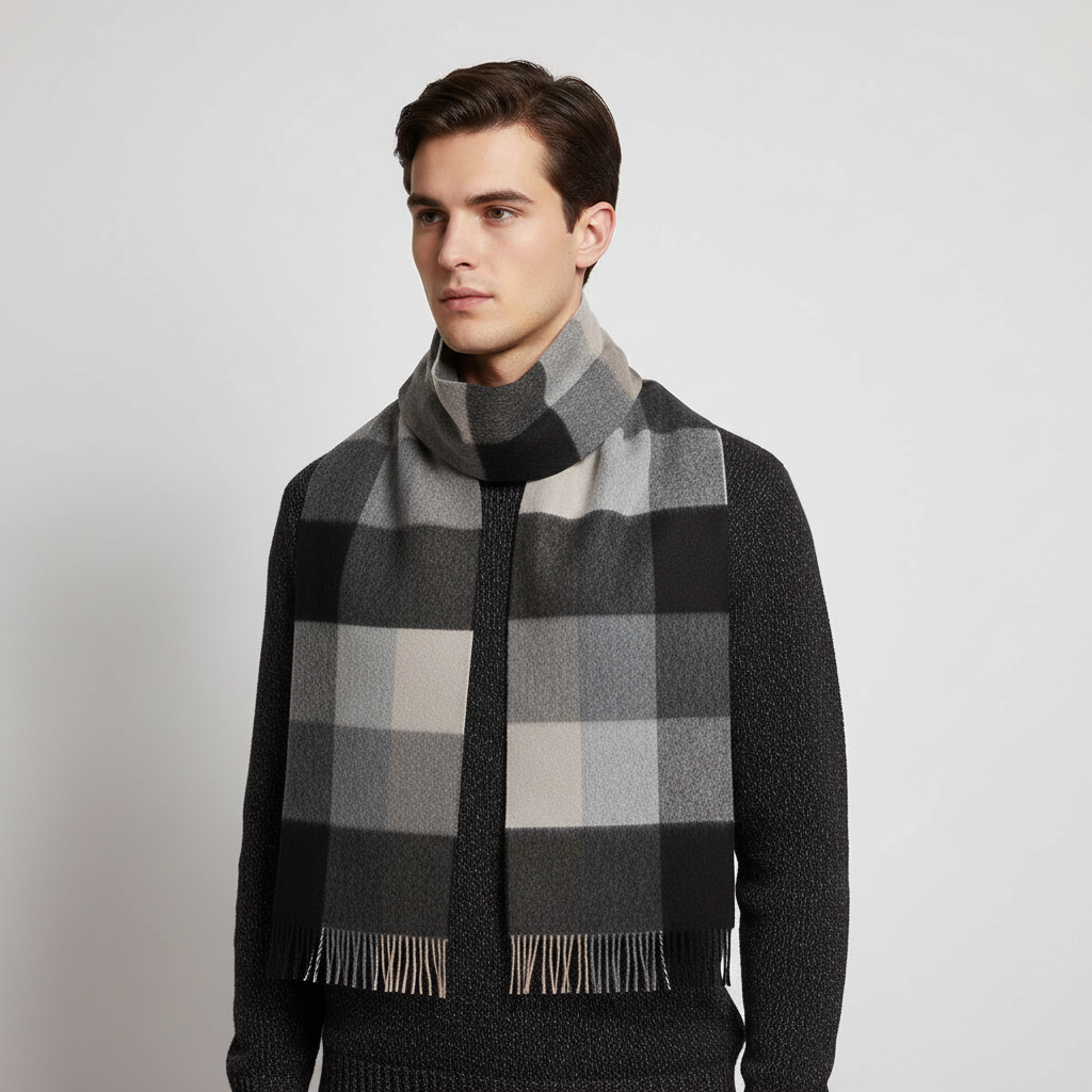 Soft Dense Check Pattern Fringed Long Scarf