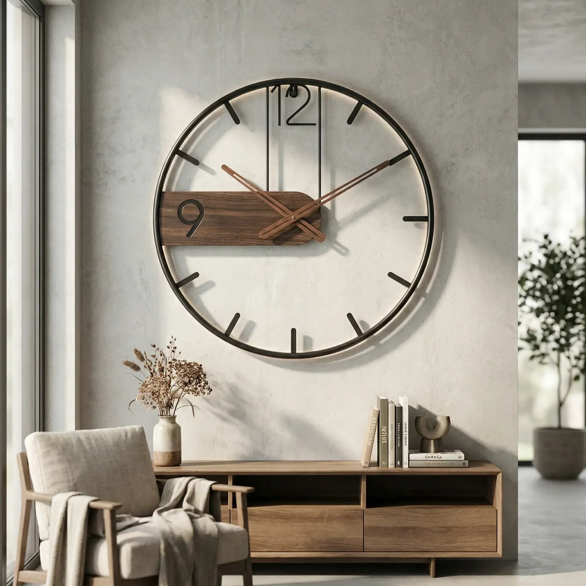 Industrial Open Frame Silent Quartz Wall Clock With Wood Accent