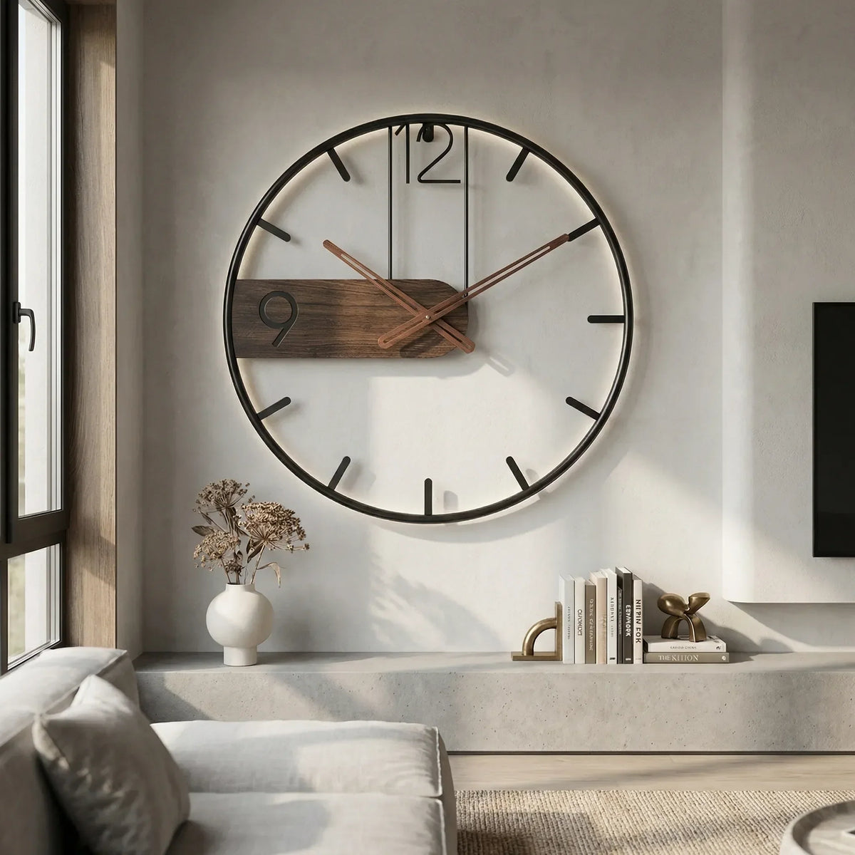 Industrial Open Frame Silent Quartz Wall Clock With Wood Accent