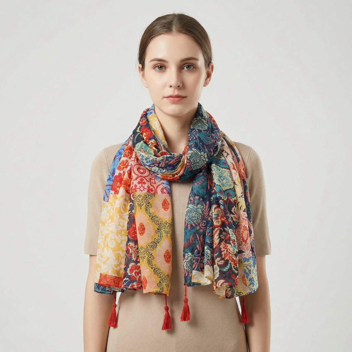 Boho Floral Print Tasseled Lightweight Women's Scarf Wrap