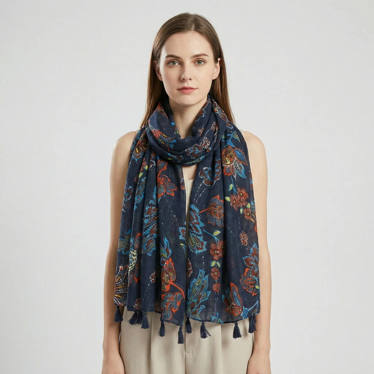 Boho Floral Print Tasseled Lightweight Women's Scarf Wrap