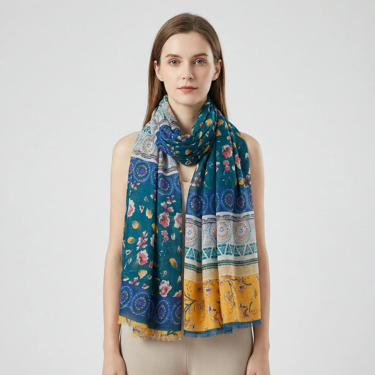 Boho Floral Print Tasseled Lightweight Women's Scarf Wrap