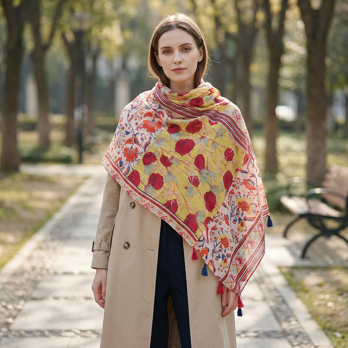 Boho Floral Print Tasseled Lightweight Women's Scarf Wrap