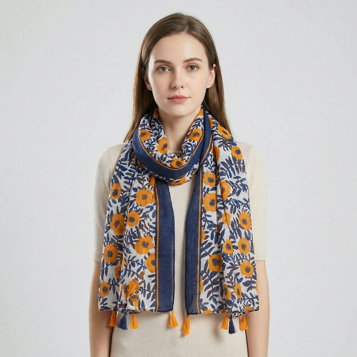 Boho Floral Print Tasseled Lightweight Women's Scarf Wrap