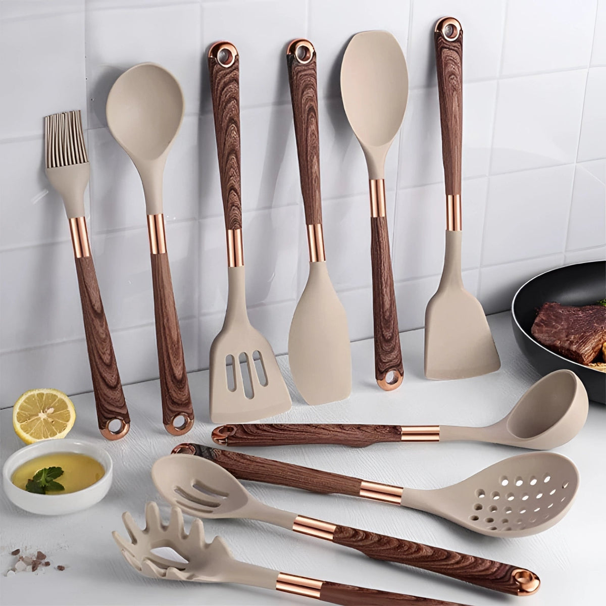 Ergonomic Copper Wood Handle Silicone Kitchen Utensils Set