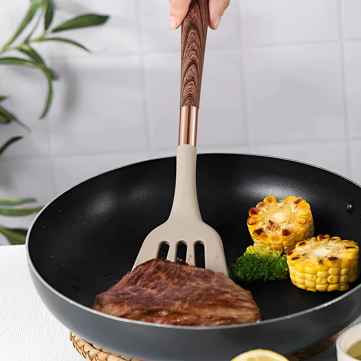 Ergonomic Copper Wood Handle Silicone Kitchen Utensils Set