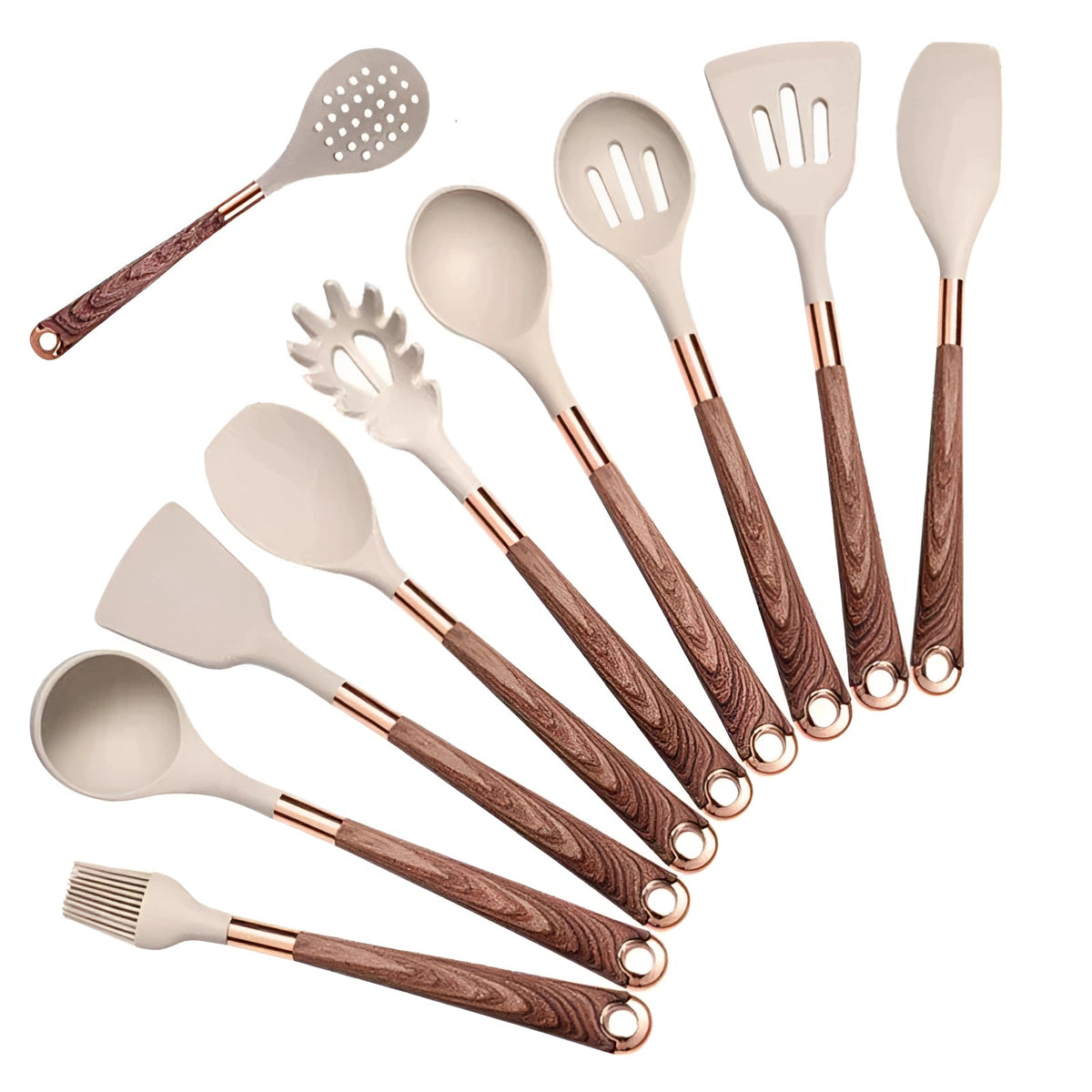 Ergonomic Copper Wood Handle Silicone Kitchen Utensils Set