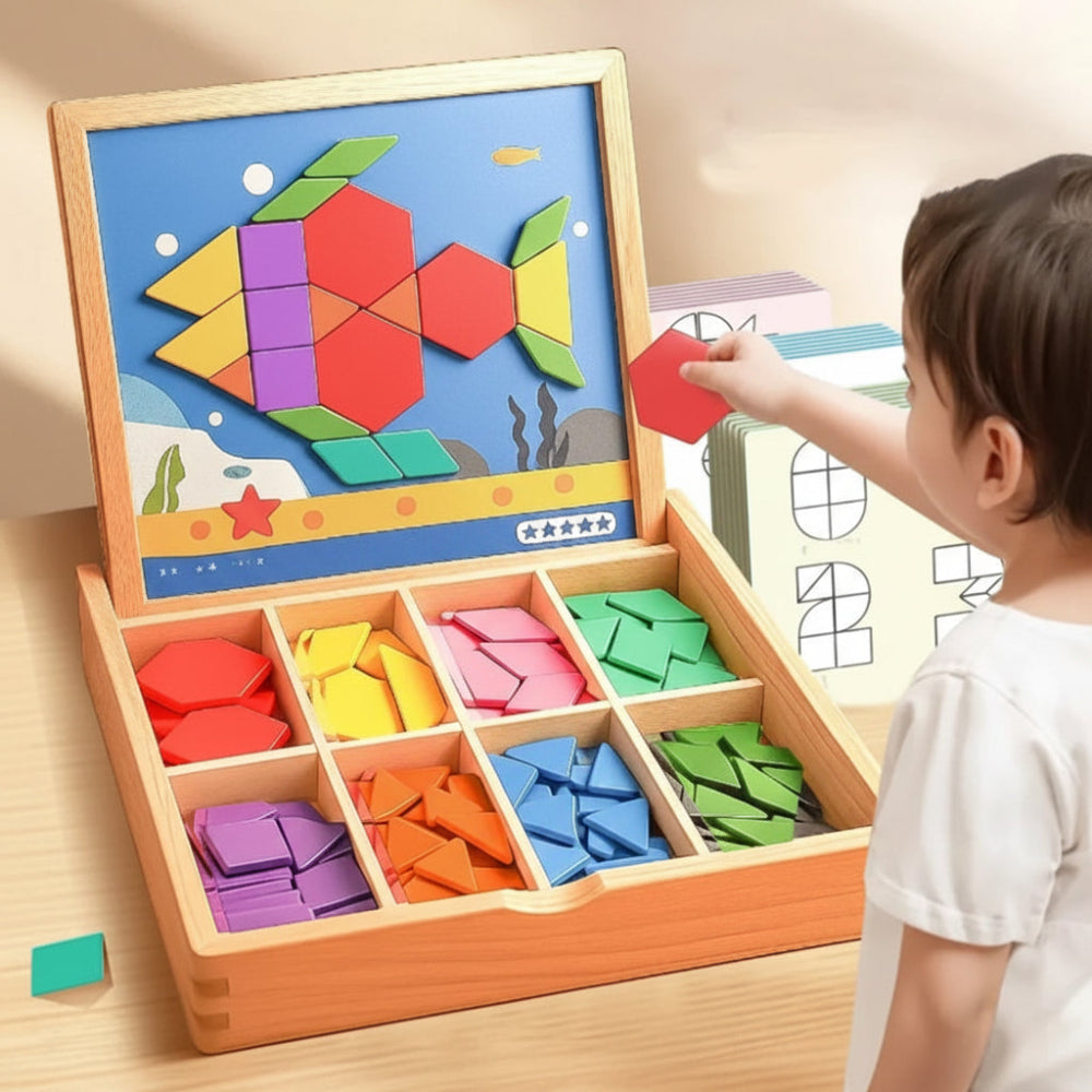 Magnetic Wooden Pattern Block Puzzle Educational STEM Toy Set