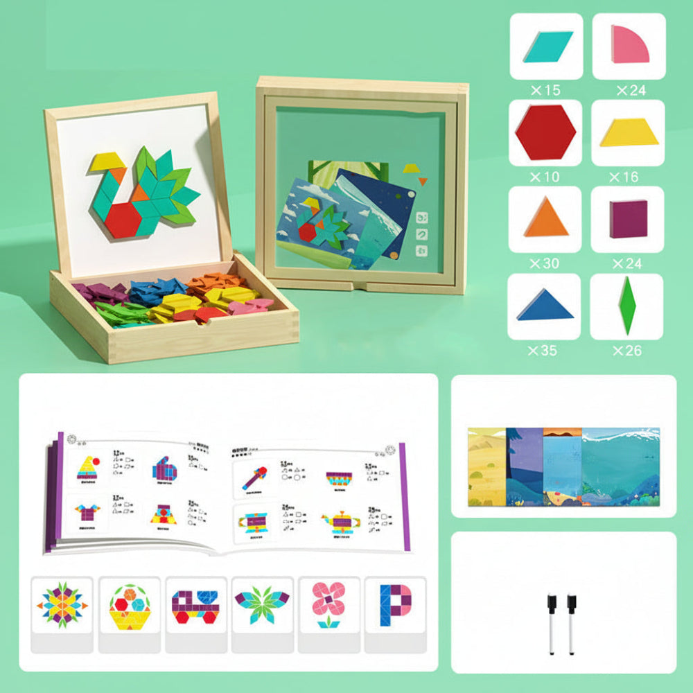 Magnetic Wooden Pattern Block Puzzle Educational STEM Toy Set
