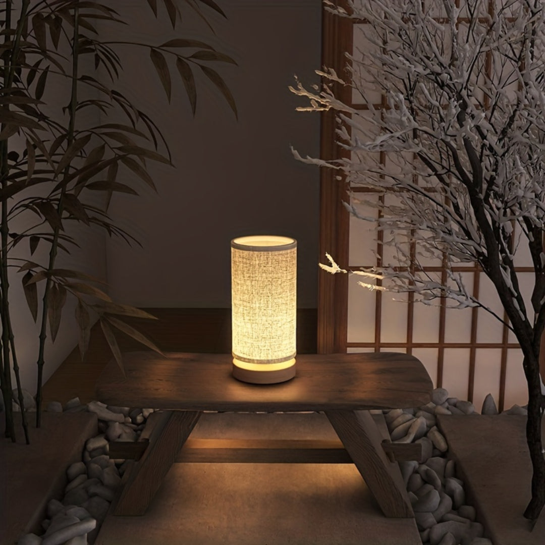 Natural Wood Base Linen Shade USB Table Lamp